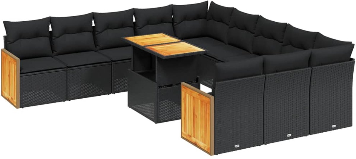 The Living Store 11-delige Loungeset met kussens poly rattan zwart - Loungeset - Tuinmeubels - Lounge Set - Buitendecoratie - Outdoor Furniture