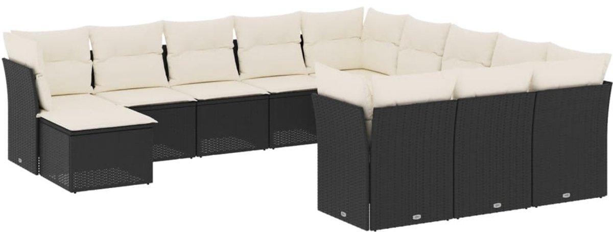 Zwarte poly rattan loungeset met kussens voor tuin en terras.