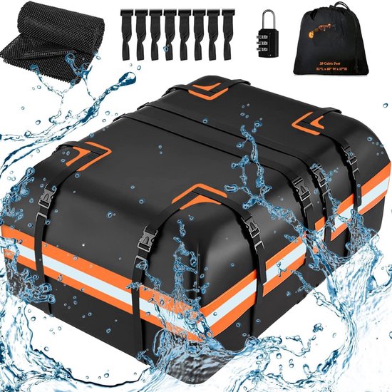 COSTWAY Dakkoffer voor de auto, waterdicht, 600 l, met 10 riemen en 6 haken, daktas met antislipmat, opbergtas voor alle voertuigen met/zonder bagagedrager, zwart oranje