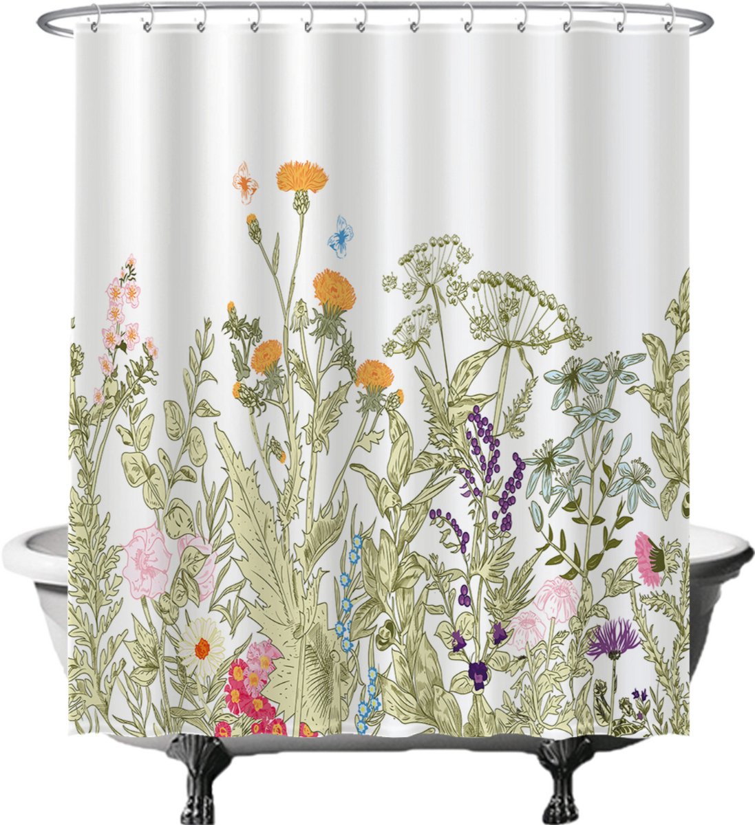 Ulticool Douchegordijn - Natuur Bloemen Retro Vintage - 180 x 200 cm - semi Transparant - met 12 Ringen Wit - anti Schimmel - Decoratie Lente voor Binnen - Multi Color