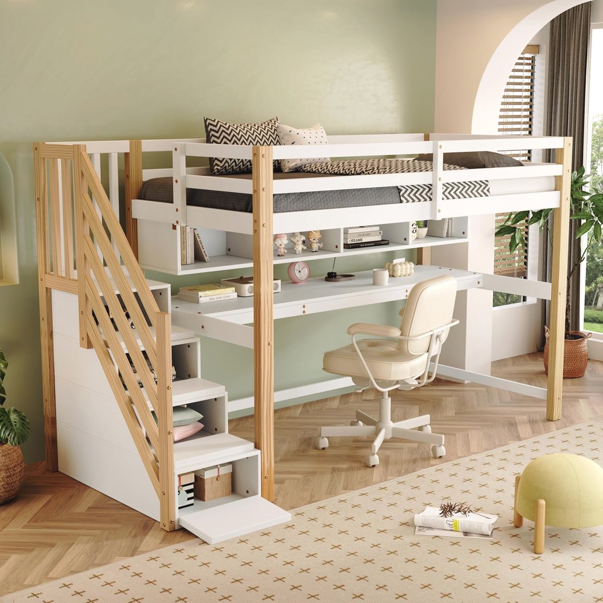 Mezzanine Bed 90x200 Cm - Met Bureau En Planken - Met Kledingkast Veiligheidstrap Met 4 Treden Metaal Mdf Wit Natuur Zonder Matras Mezzanine Bed 90x200 Cm - Met Bureau En Planken - Met Kledingkast Veiligheidstrap Met 4 Treden Metaal Mdf Wit Natuur Zonder Matras