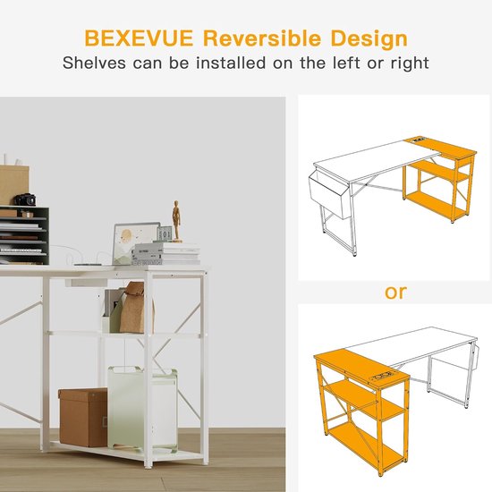 BEXEVUE Eckschreibtisch mit Steckdosenleiste – 120x70 cm Ergonomic Kleiner L-förmiger Ablagefächer, Umkehrbarer PC Ecktisch Computertisch, Corner Gaming Tisch für Studium Arbeit Zuhause Schlafzimmer