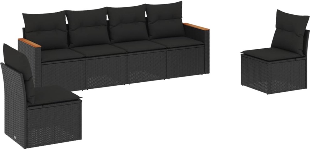 The Living Store 6-delige Loungeset met kussens poly rattan zwart - Loungeset - Tuinset - Lounge Set - Buitendecoratie - Tuinmeubels
