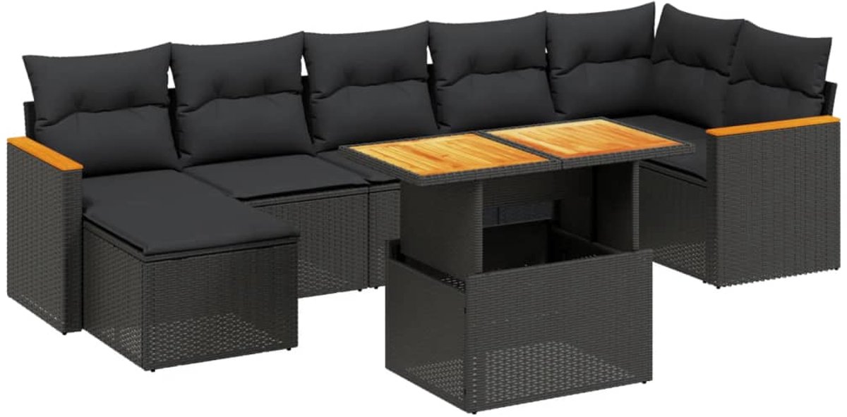 The Living Store 8-delige Loungeset met kussens poly rattan zwart - Loungeset - Tuinmeubels - Lounge Set - Buitendecoratie - Pe Rattan