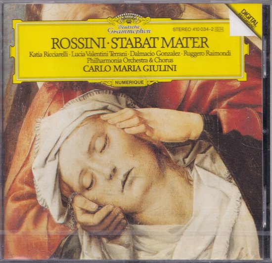 CD-hoes van Rossini's Stabat Mater, met een schilderij van een treurende vrouw met een witte hoofddoek.
