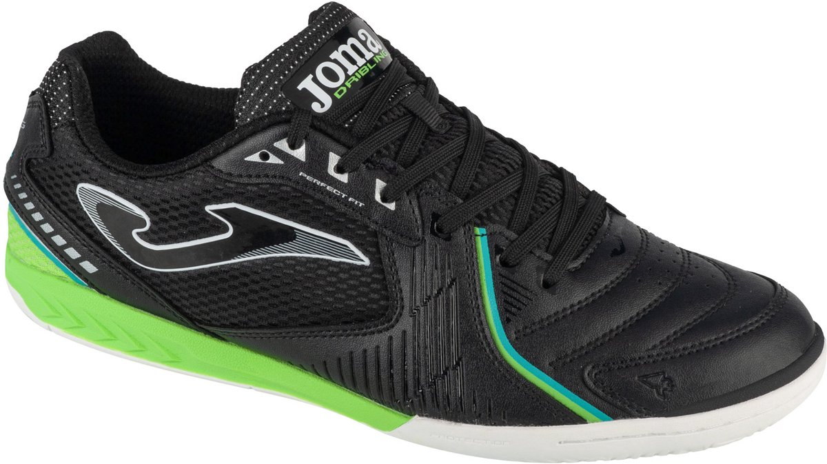 Zwarte Joma Dribling 25 DRIS IN indoorschoenen voor mannen, maat 44,5, met synthetisch leder en groene accenten.