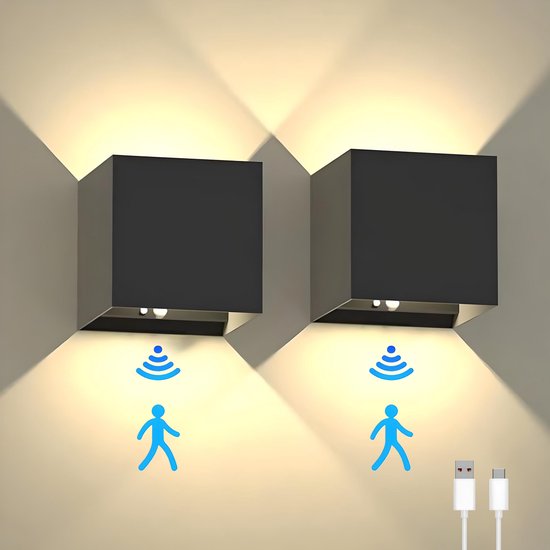 Maca Oplaadbare Wandlamp 2 stuks - Wandlamp Oplaadbaar - Draadloos - Wandlamp Binnen - Accu - 5200 mAh - Met Bewegingssensor - Trapverlichting - 2700K warm wit licht - Wandlampen - Muurlamp - Lamp -