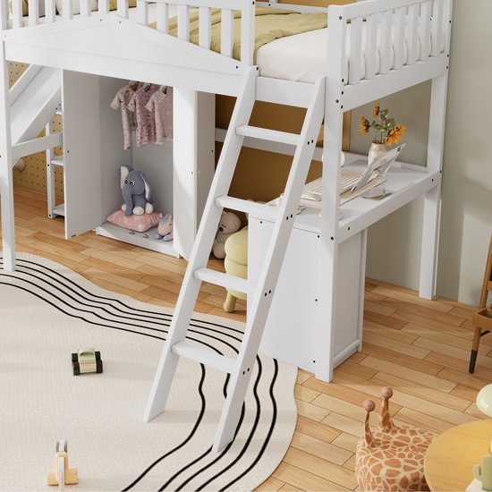 Lit mezzanine Sweiko - 90x200 cm - avec table + armoire + toboggan - Pin + MDF - Wit