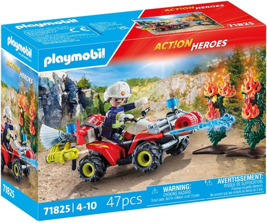 Playmobil "Action Heroes" verpakking: brandweerman met rode quad die vlammen blust.
