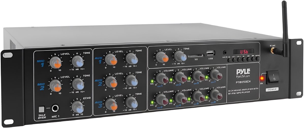Pyle 8-Kanaals Bluetooth Versterker – 4000W Power Audio Systeem met Rackmontage – Multi-Zone Stereo Receiver met USB, RCA, AUX – Voor Speakers, Thuisbioscoop, Studio & Podium