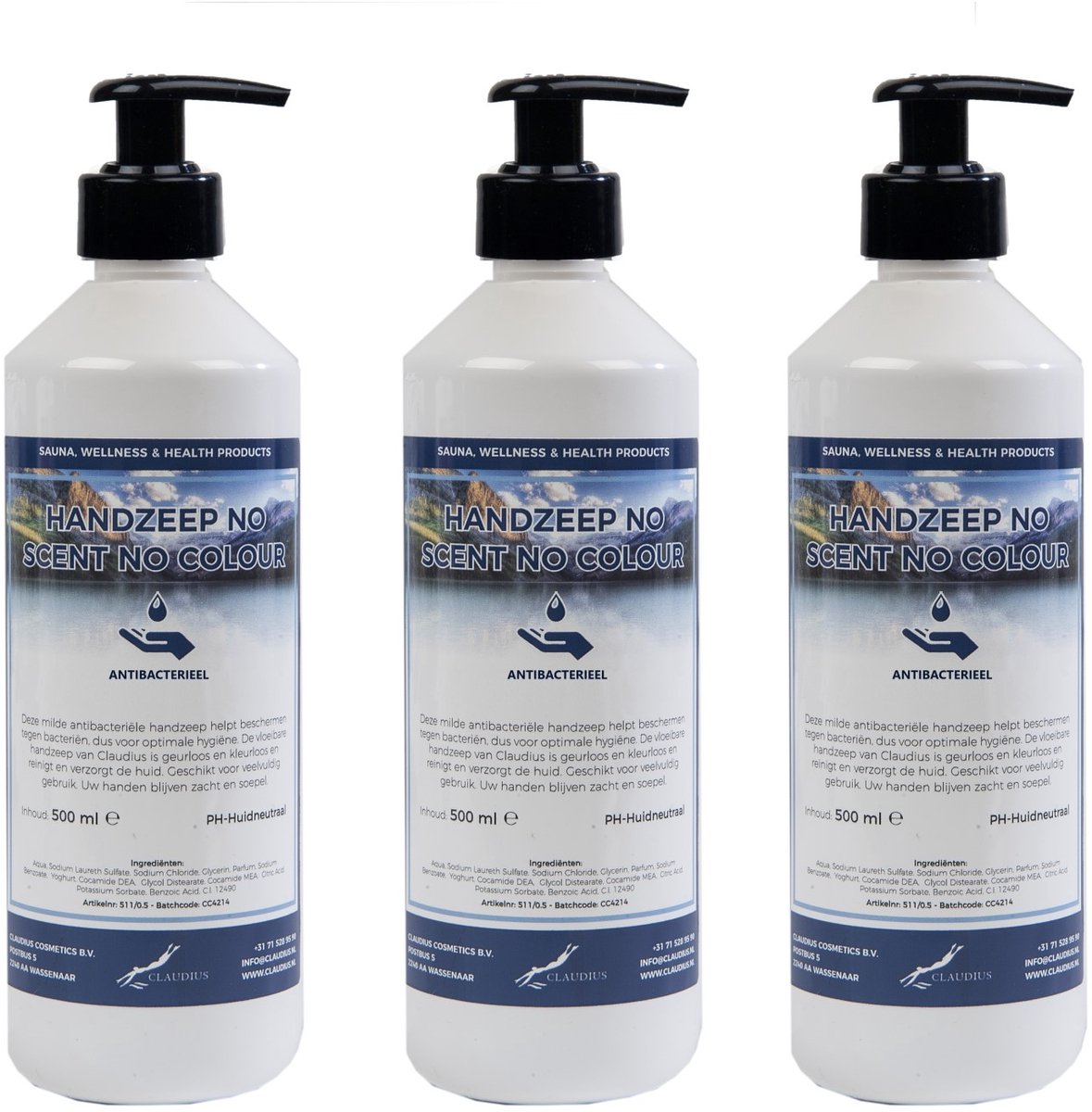 Handzeep No Scent, No Colour 500 ml - met gratis pompje - set van 3 stuks