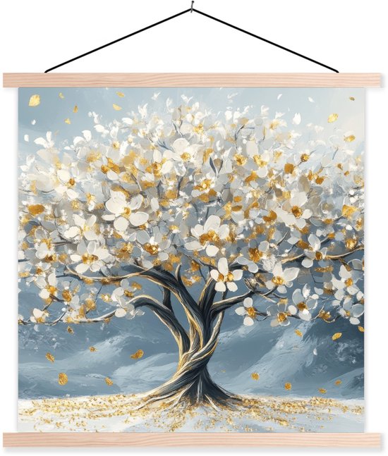 Posterhanger incl. Poster 40x40 cm - Schoolplaat - Boom - Winter - Levensboom - Modern - Goud - Textielposter - Blanke latten