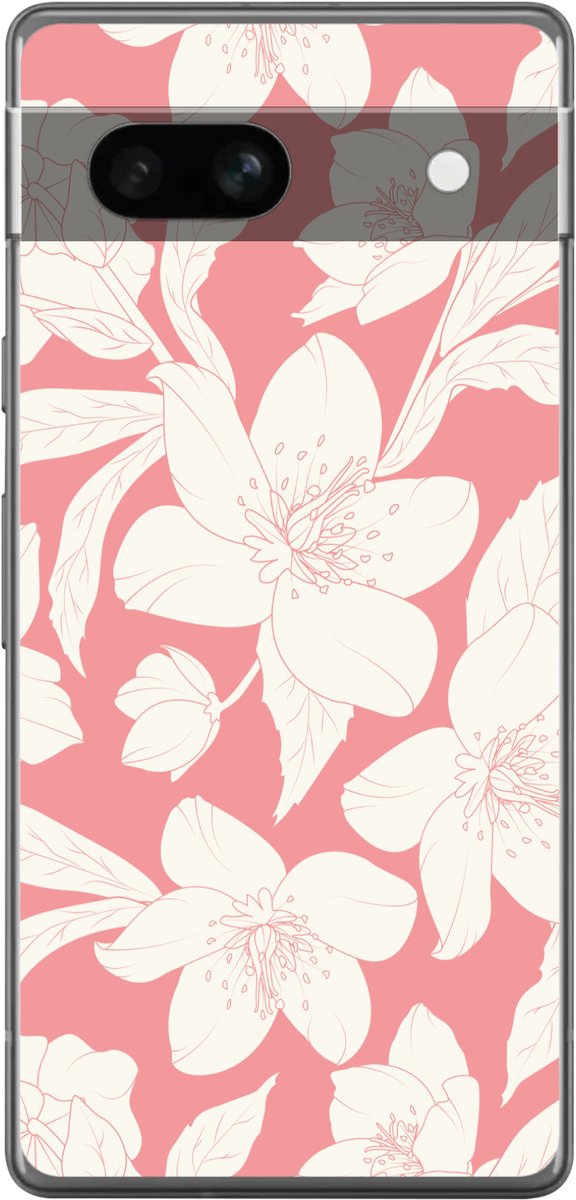 Telefoonhoesje Geschikt voor Google Pixel 7a hoesje - Bloemen - Patroon - Roze - Wit - Siliconen Telefoonhoesje Telefoonhoesje