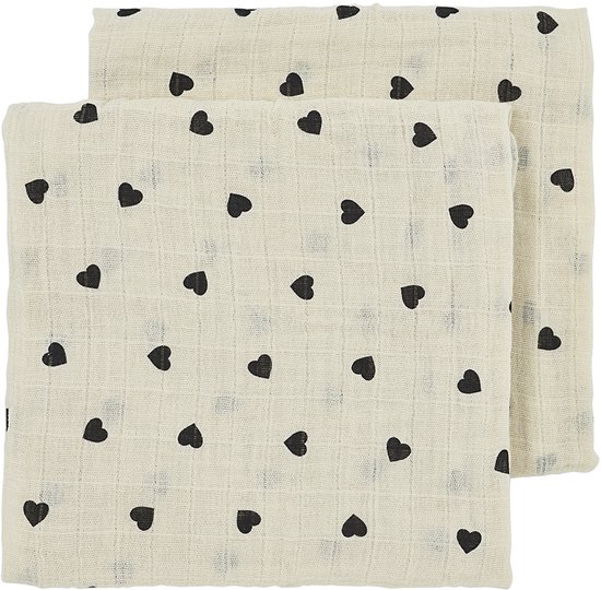 Meyco Baby Sweet Heart pre-washed hydrofiele doeken - 2-pack - pre-washed hydrofiel - soft sand/black - 70x70cm