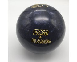 Bowling Bowlingbal Storm ' Flame, deep purple pearl ' urethane bal, zwarte bessen kleur, 15 p , Ongeboord, zonder gaten, met drie graveringen geel ingekleurd.