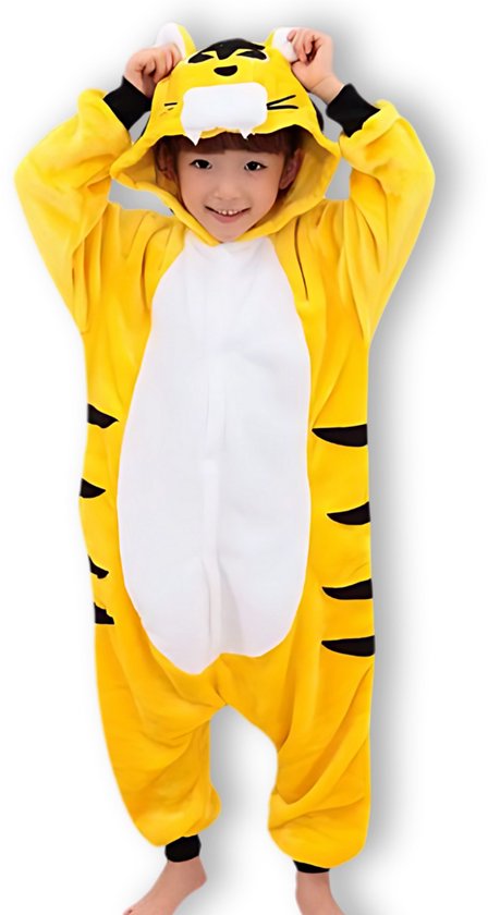 BoefieBoef Kinder Onesie Tijger – Peuter & Kleuter Pyjama 2-5 Jaar – Fluffy Dieren Verkleedpak – Warme Flanel Jumpsuit met Capuchon – Knuffelpak & Huispak – Zwemles – Carnaval, Halloween & Sinterklaas Cadeau – Jongens & Meisjes 95-110 cm - Geel