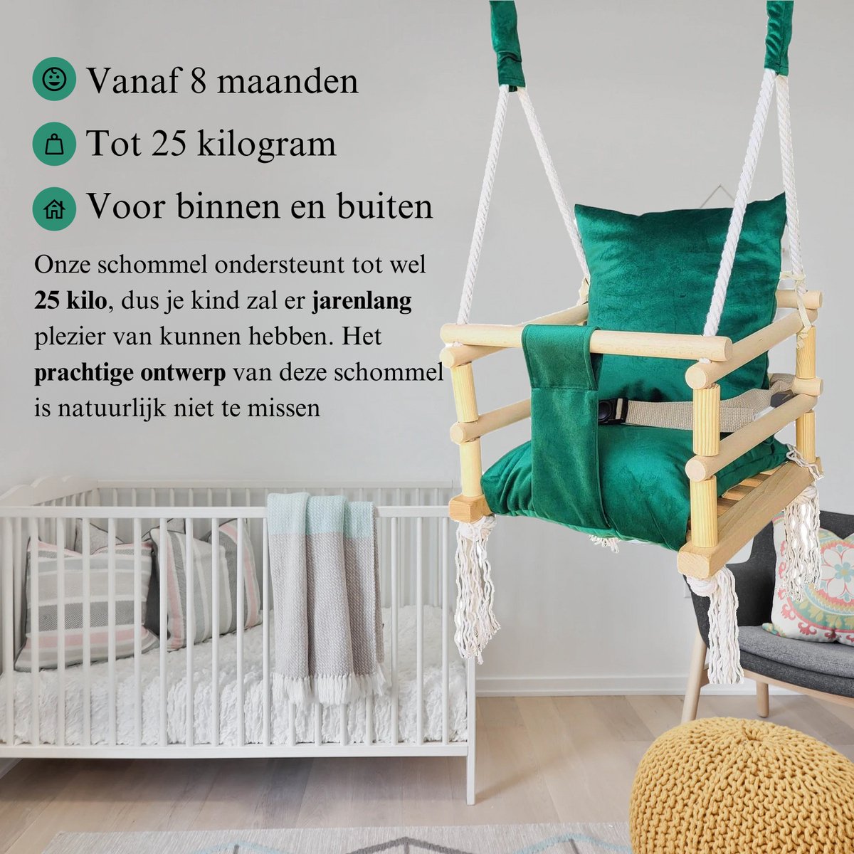 Luxe houten 3 in 1 groene meegroei baby schommel en Kinder schommel – Baby swing – Schommel die meegroeit met je kindje - Schommelstoel - Schommels - Handgemaakt — afbeelding 5