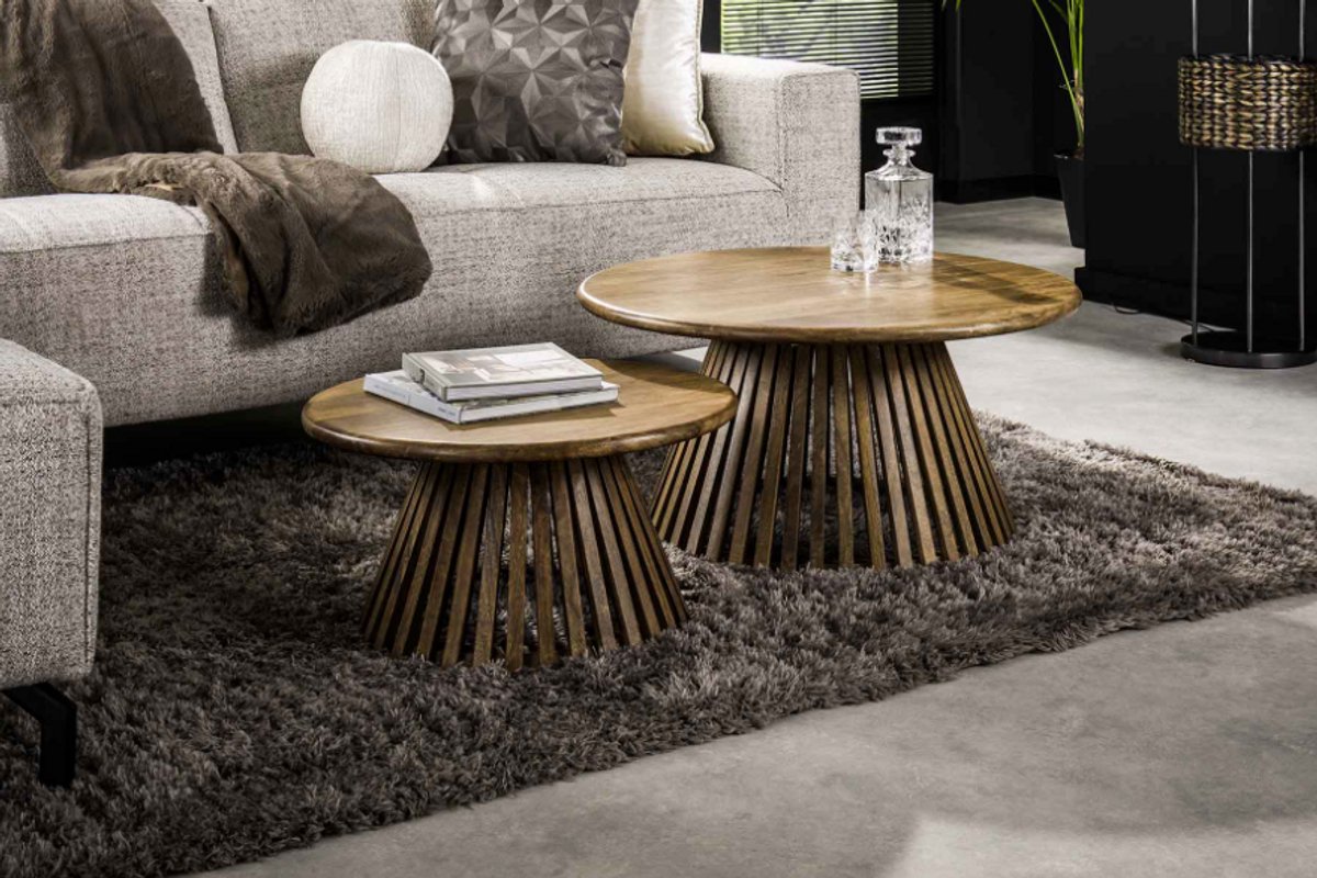 Meubelplaats Salontafel Tweak cone rond set van 2 - mangohout - Naturel - 80x80x40 cm Bruin massief mango zandkleur