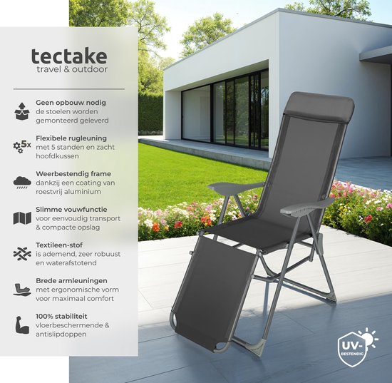 tectake® - Set van 2 klapstoelen - Aluminium tuinstoelen - Inklapbaar met hoofdsteun en voetensteun - Ligstoelen voor in de tuin, terras of balkon - Campingstoel - Antraciet van Merkloos — afbeelding 2