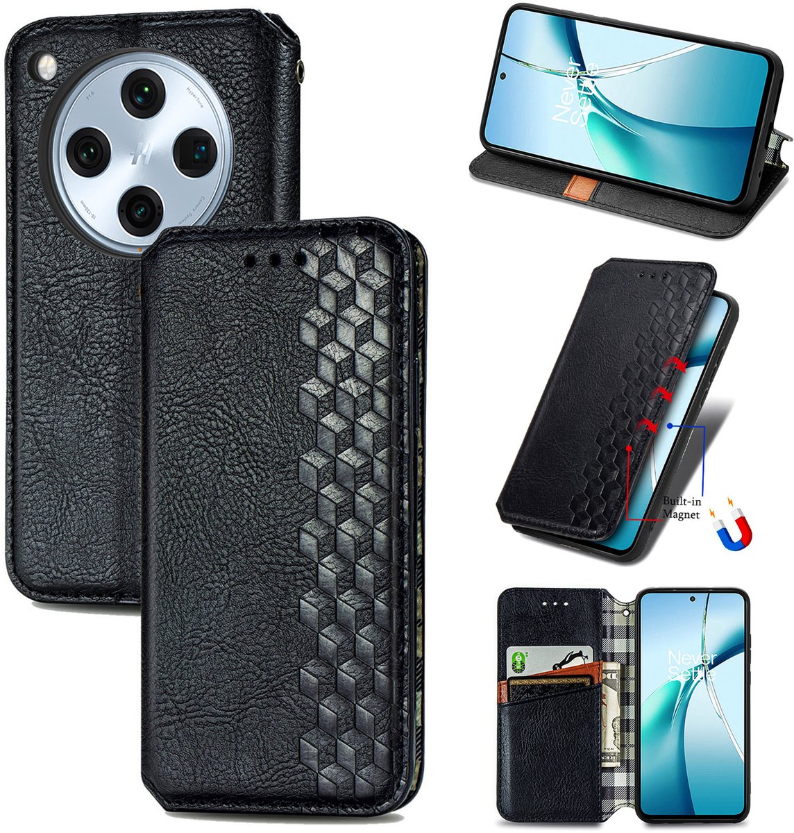 Luxe PU Lederen Ruitpatroon Wallet Case + Screenprotector voor OPPO Find X8 Pro _ Zwart