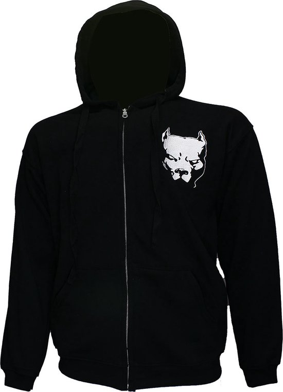 Sweat à capuche noir zippé avec logo pitbull blanc brodé sur la poitrine gauche.