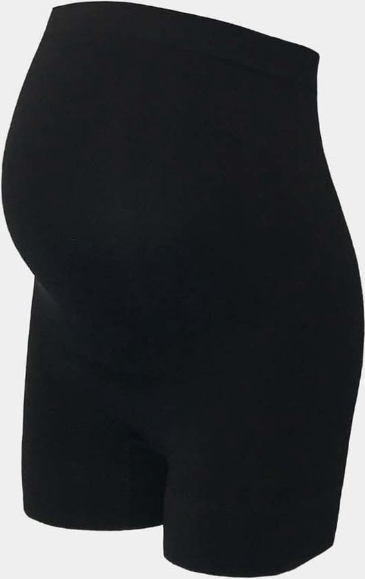 Zwart, naadloos, bodyfashion short voor zwangere buik, van de zijkant.
