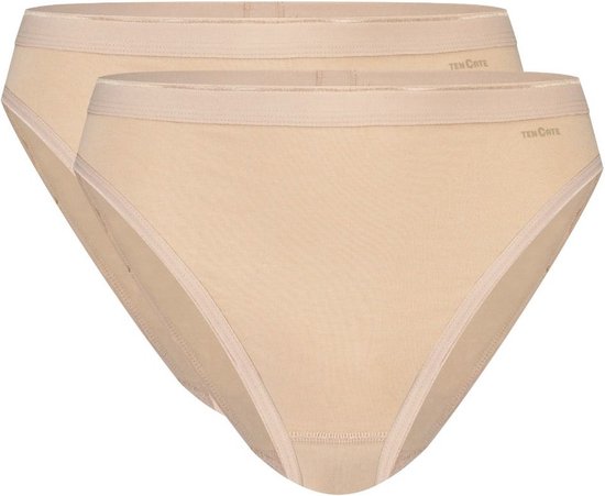Twee huidkleurige Ten Cate broekjes met een hoge taille en een smalle band aan de bovenkant.