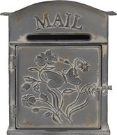 HAES DECO - Brievenbus vintage grijs metaal met bloemen en vlinder en tekst "MAIL", formaat 26x10x31 cm