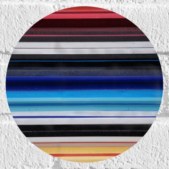 Muursticker Cirkel - Strepen in het Rood, Geel, Blauw en Grijs - 20x20 cm Foto op Muursticker