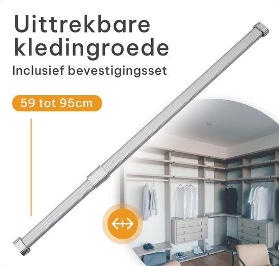 Milano Luxurious Kledingstang Verstelbaar – Uittrekbare Kledingroede – 59 tot 95cm – Garderobestang – Kledingstang met boren – Stevig Aluminium – Zilver