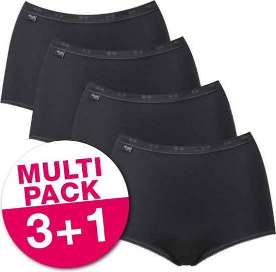 Multipack van vier zwarte maxi slips met logo-details op de tailleband. '3+1 MULTI PACK' staat op een cirkelvormige sticker.