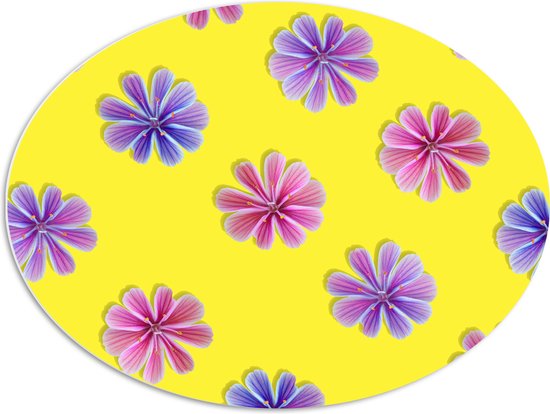 PVC Schuimplaat Ovaal - Paars en Roze Bloemetjes Patroon op Gele Achtergrond - 80x60 cm Foto op Ovaal (Met Ophangsysteem)