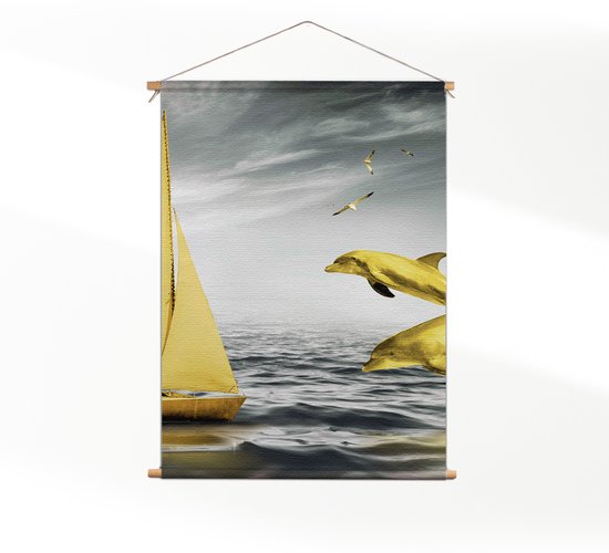 Textielposter Het gele bootje L (85 X 60 CM) - Wandkleed - Wanddoek - Wanddecoratie