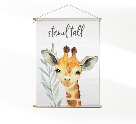 Textielposter Giraffe met de lange nek - Kinderkamer - Baby cadeau - Babykamer M (55 X 40 CM) - Wandkleed - Wanddoek - Wanddecoratie