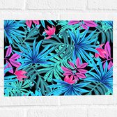 Muursticker - Patroon van Blauwe en Paarse Planten tegen Zwarte Achtergrond - 40x30 cm Foto op Muursticker