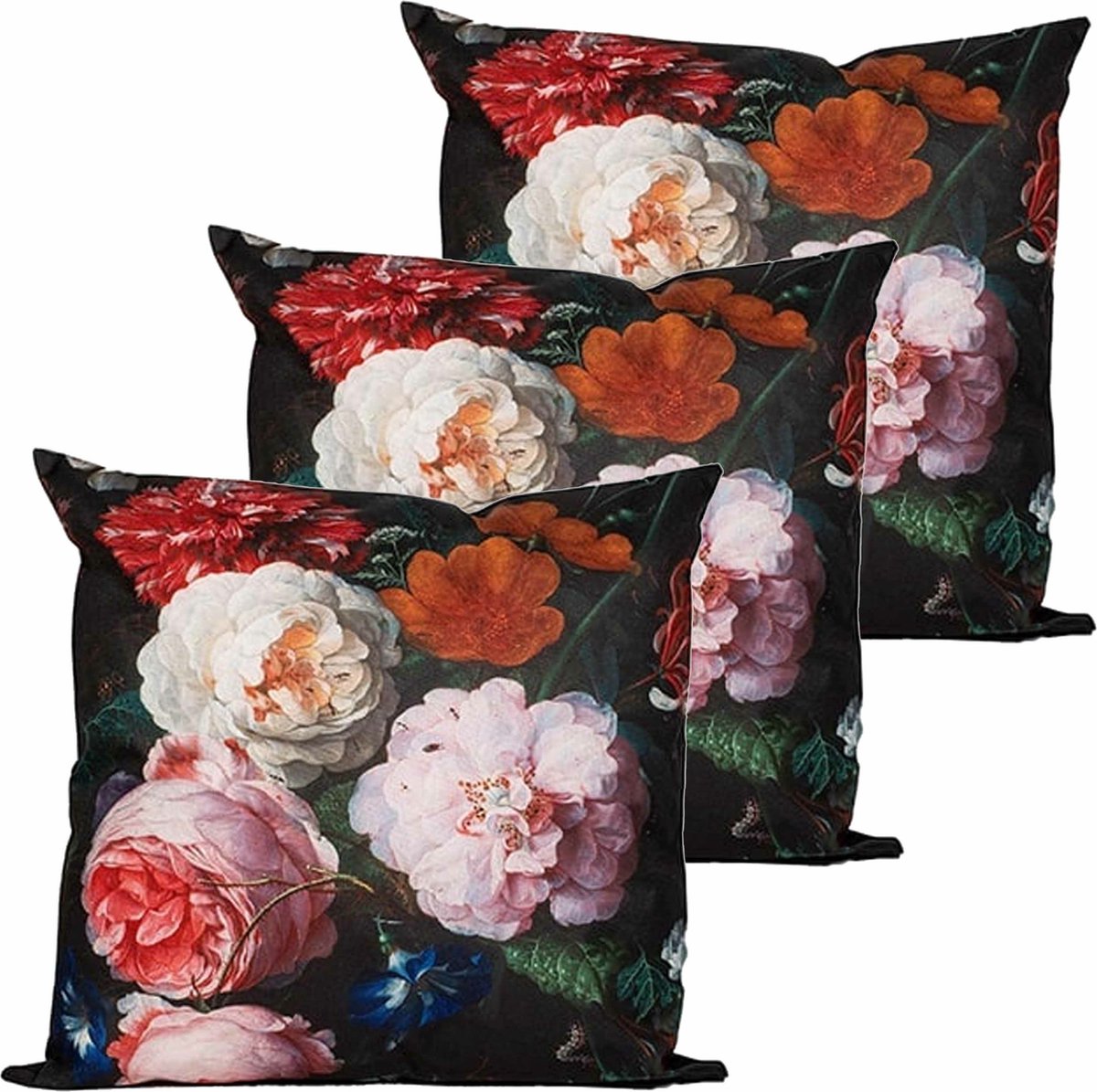 Anna's collection buitenkussen bloem - 3x - zwart/roze - 45 x 45 cm - Water en UV bestendig