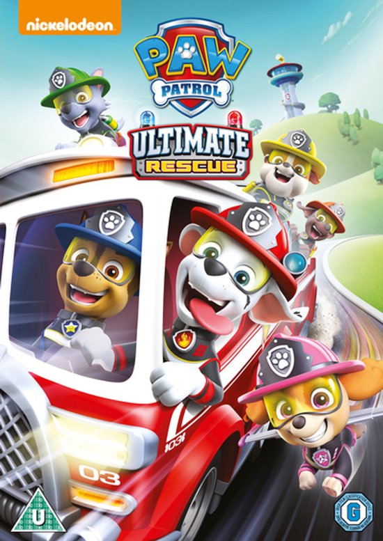 De Paw Patrol honden Chase, Marshall, Rubble en Skye zitten in een rode brandweerwagen, klaar voor een reddingsactie.
