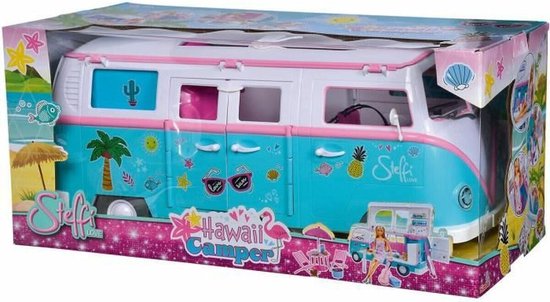 Hawaii Camper speelgoedbusje, turquoise en wit, met palmbomen en flamingo's