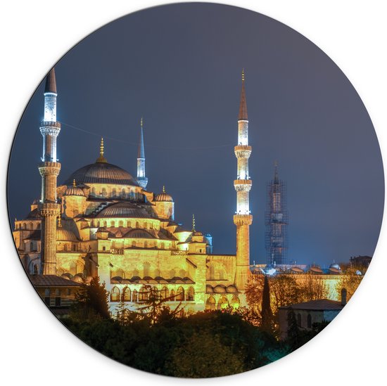 WallClassics - Dibond Muurcirkel - Sultan AhmetMoskee in de Nacht in Istanbul, Turkije - 70x70 cm Foto op Aluminium Muurcirkel (met ophangsysteem)