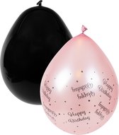 Ballonnen | Happy Birthday | 8 stuks | Zwart - Roze