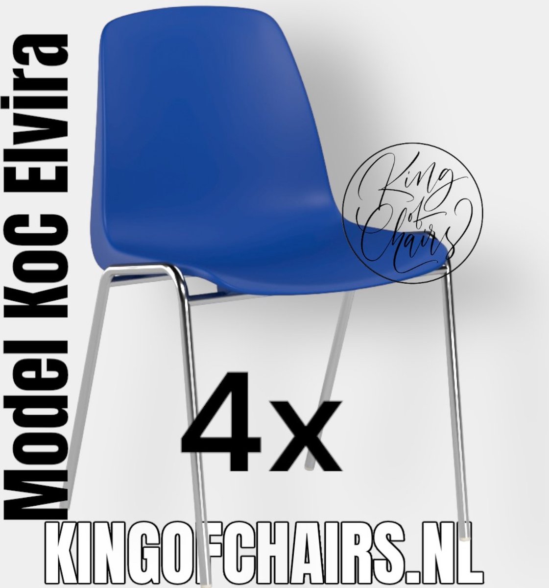 King of Chairs -set van 4- model KoC Elvira blauw met verchroomd onderstel. Kantinestoel stapelstoel kuipstoel vergaderstoel tuinstoel kantine stoel stapel kantinestoelen stapelstoelen kuipstoelen stapelbare keukenstoel Helene eetkamerstoel