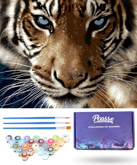 Pcasso ® Tijger Met Blauwe Ogen – Schilderen Op Nummer – Incl. 3 Penselen En Geschenkverpakking - Schilderen Op Nummer Dieren - Schilderen Op Nummer Volwassenen & Kinderen – Canvas Schilderdoek – Kleuren Op Nummer - 40x50 cm