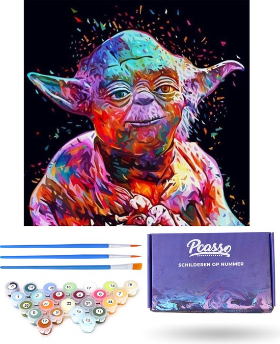Pcasso ® Star wars Yoda – Incl. 3 Penselen & Geschenkverpakking - Schilderen Op Nummer - Schilderen Op Nummer Volwassenen & Kinderen – Schilderen Op Nummer Dieren – Kleuren Op Nummer – 40x50 cm – Professionele 26-Delige Set