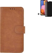 MoDo hoesje Geschikt voor Samsung Galaxy A13 5G - Kunstleer Book Case - Bruin hoesje met privacy screenprotector