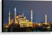 WallClassics - Canvas - Sultan AhmetMoskee in de Nacht in Istanbul, Turkije - 60x40 cm Foto op Canvas Schilderij (Wanddecoratie op Canvas)