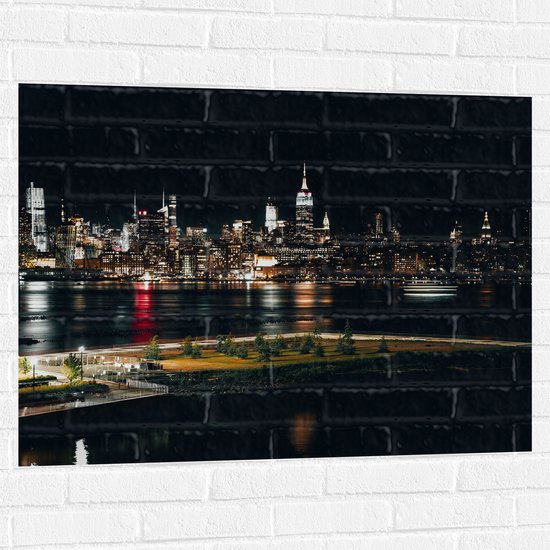 Muursticker - Skyline in New York in de Nacht - 100x75 cm Foto op Muursticker