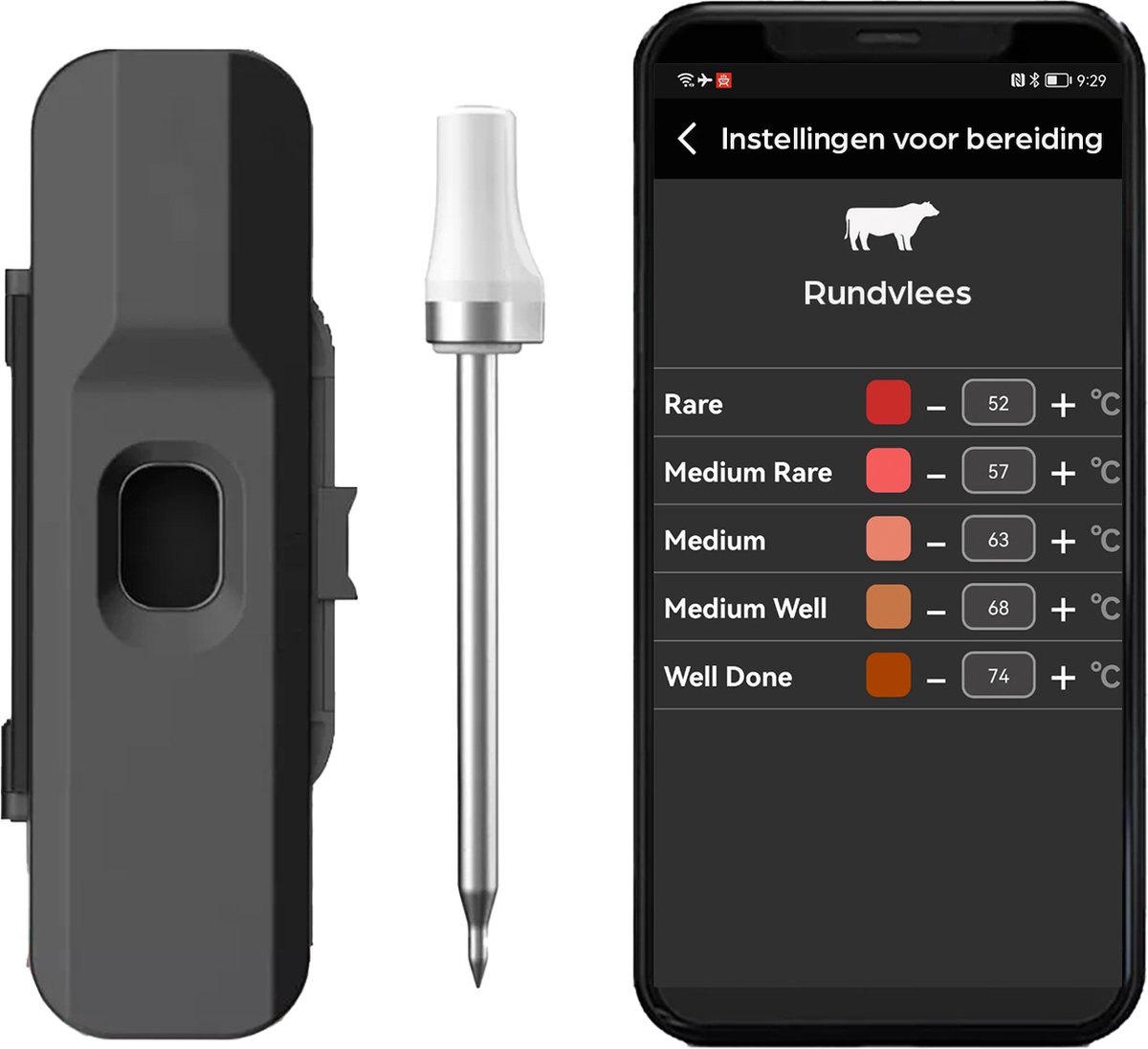 Hermanos® Vleesthermometer - Draadloze BBQ Thermometer met App en Bluetooth - BBQ accessoires - RVS - Hermanos