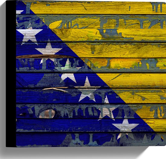 WallClassics - Canvas - Vlag van Bosnië op Houten Planken - 30x30 cm Foto op Canvas Schilderij (Wanddecoratie op Canvas)