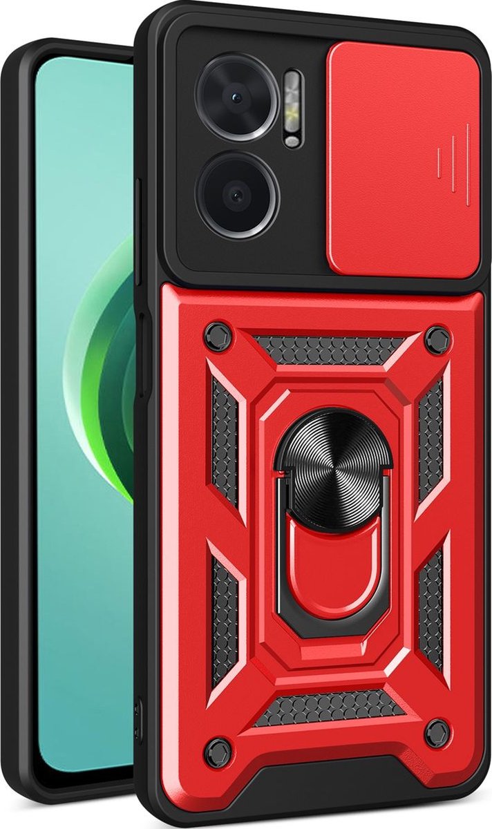 Mobigear Hoesje geschikt voor Xiaomi Redmi 10 5G Telefoonhoesje Hardcase | Mobigear Armor Ring Cam Slide Backcover Shockproof met Ringhouder en Camera Slider | Schokbestendig Redmi 10 5G Telefoonhoesje | Anti Shock Proof - Rood