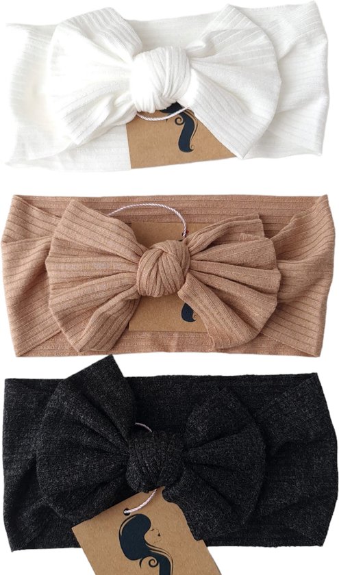 Foto: 3 pack set hannah brede zachte strik haarband baby roze bruin khaki zwart meisje haaraccessoire